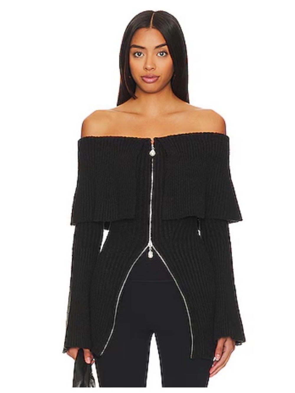 House of Harlow 1960 Akari Off-Shoulder Black Ribbed Zip-Front Women's Sweater